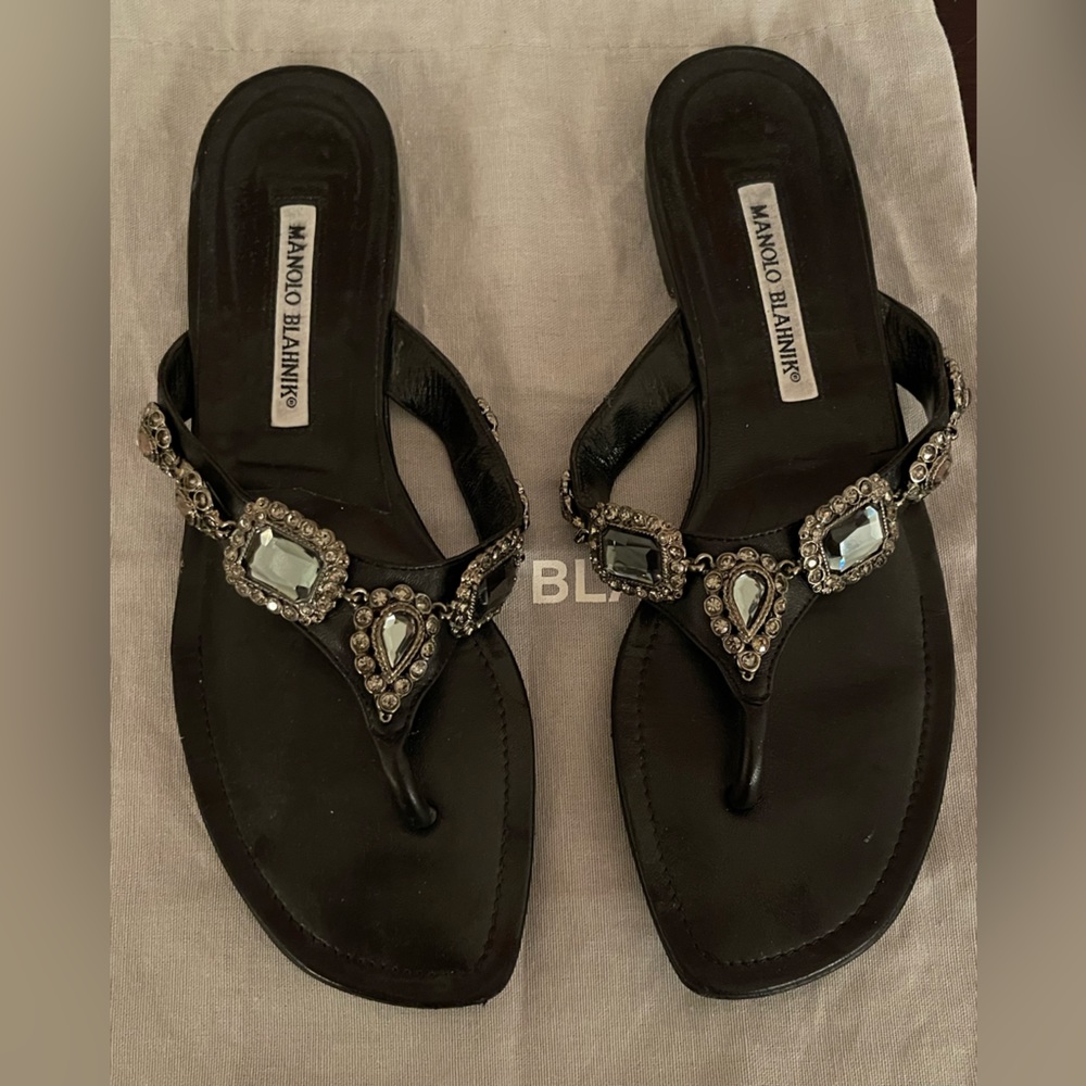 Manolo Blahnik Black Embellished Sandals Sz 39 1/2.
